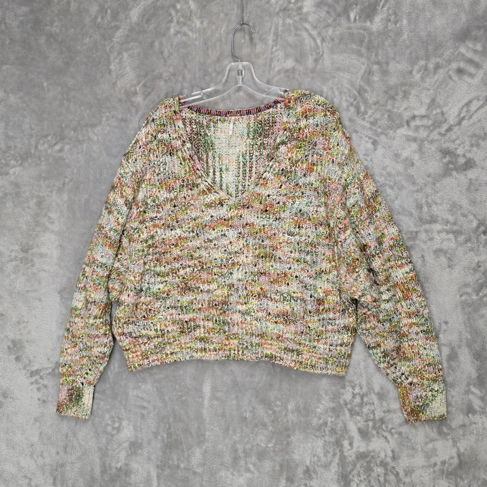 Free People Sweater Women S Multicolor V-Neck Oversized Chunky Knit Boho Earthy - Picture 10 of 16